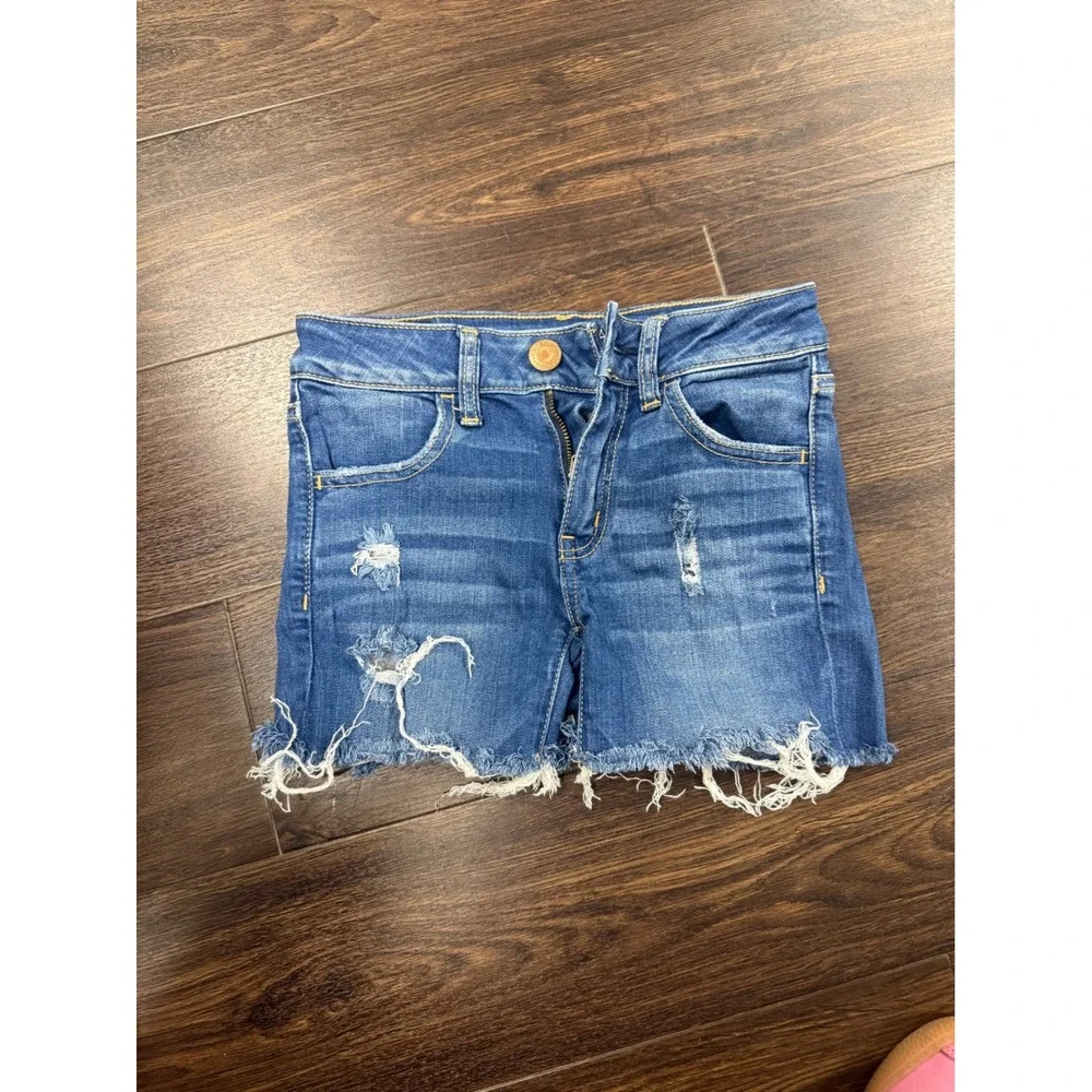 American Eagle AE Super Stretch Denim Shorts 00 Long Distressed Frayed